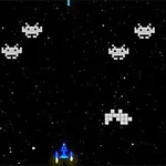 Pixelelowe kosmiczne statki na czarnym tle z gwiazdami