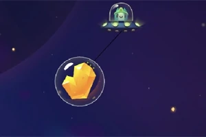 Statek kosmiczny z niewielkim kosmitą holuje pomarańczowy kryształ w bańce na tle kosmosu