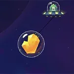 Statek kosmiczny z niewielkim kosmitą holuje pomarańczowy kryształ w bańce na tle kosmosu