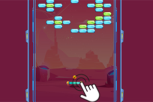 Interfejs gry wideo z kolorowymi cegiełkami na górze ekranu i animowaną ręką wskazującą na platformę na dole na tle kosmicznego krajobrazu