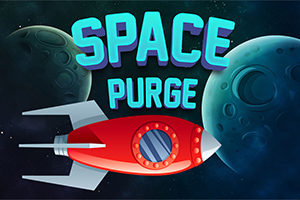 Czerwona rakieta na tle planet z napisem SPACE PURGE
