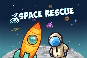 Rakieta i astronauta stoją na powierzchni planety z napisem Space Rescue w tle, otoczeni gwiazdami i asteroidami