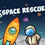 Rakieta i astronauta stoją na powierzchni planety z napisem Space Rescue w tle, otoczeni gwiazdami i asteroidami