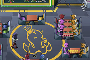 Kolorowe postacie przy kolorowych stolikach w futurystycznej restauracji z dużym emblematem żółtego obcego na podłodze