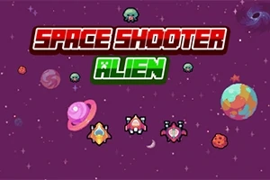 Fioletowe tło z planetami, statkami kosmicznymi oraz napisami Space Shooter i Alien w stylu retro
