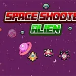 Fioletowe tło z planetami, statkami kosmicznymi oraz napisami Space Shooter i Alien w stylu retro