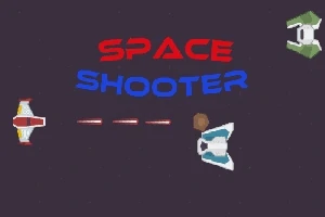 Statek kosmiczny strzela do innego statku na ciemnym tle z napisem Space Shooter w kolorach czerwonym i niebieskim