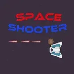 Statek kosmiczny strzela do innego statku na ciemnym tle z napisem Space Shooter w kolorach czerwonym i niebieskim