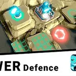 Izometryczny widok na planszę z trójwymiarowymi wieżyczkami obronnymi, neonowymi akcentami i oznaczeniami, z napisem Tower Defence poniżej