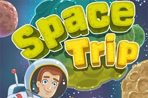 Napisy Space Trip na tle kosmosu z planetami i astronautą