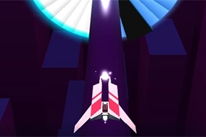 Statek kosmiczny z czerwonymi detalami leci w kierunku jasnego tunelu na ciemnym tle