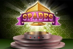 Złoty symbol karo z napisem Spades na fioletowej wstędze, umieszczony na okrągłym postumencie z dekoracyjnym, zielonym tłem