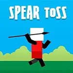 Postać w czerwonym stroju z białą głową trzymająca oszczep na tle nieba i zielonych krzewów