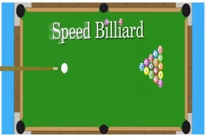 Stół bilardowy z kijem, bile ustawione w trójkąt i napis Speed Billiard na zielonym tle