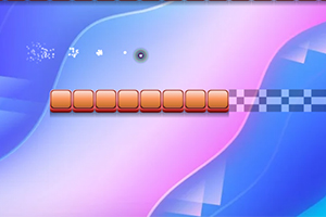 Różowe i niebieskie tło z ośmioma czerwonymi blokami oraz szachownicą po prawej stronie