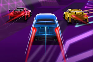 Trzy kolorowe samochody wyścigowe jadą po neonowej, futurystycznej trasie z fioletowymi i różowymi akcentami