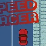 Czerwony samochód na niebieskiej drodze, z dużym napisem SPEED RACER w tle