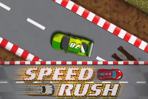 Zielony samochód na torze wyścigowym z białymi i czerwonymi krawężnikami oraz napis Speed Rush