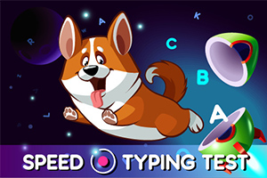 Rysunkowy pies rasy corgi skaczący w kosmicznym tle z literami i megafonami, na dole napis Speed Typing Test