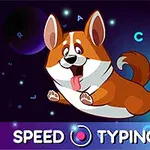 Rysunkowy pies rasy corgi skaczący w kosmicznym tle z literami i megafonami, na dole napis Speed Typing Test