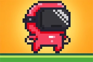 Postać w czerwonym kombinezonie i hełmie w stylu pixel art na pomarańczowym tle