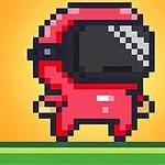 Postać w czerwonym kombinezonie i hełmie w stylu pixel art na pomarańczowym tle