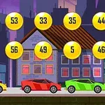 Samochody w różnych kolorach stoją na ulicy z kolorowymi budynkami w tle, nad nimi zawieszone żółte monety z liczbami