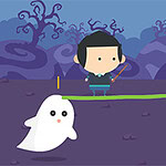 Rysunkowa postać z ciemnymi włosami walczy z dwoma duchami na fioletowym tle z pokręconymi drzewami