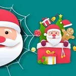 Mikołaj o okrągłej twarzy z brodą i czapką na tle pajęczyny obok kolorowej świątecznej ilustracji z prezentem i ozdobami