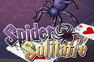 Purpurowy pająk nad kartami do gry z napisem Spider Solitaire na tle pajęczyny