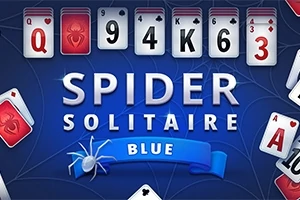 Niebieska plansza z kartami do gry, pająkiem i napisem „Spider Solitaire Blue”