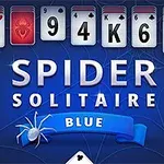 Niebieska plansza z kartami do gry, pająkiem i napisem „Spider Solitaire Blue”