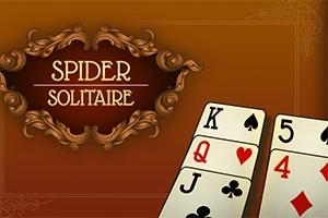 Brązowe tło z ozdobnymi ornamentami, napisem Spider Solitaire oraz odkrytymi kartami do gry: król pik, dama kier, walet trefl, piątka pik i czwórka kier