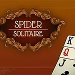 Brązowe tło z ozdobnymi ornamentami, napisem Spider Solitaire oraz odkrytymi kartami do gry: król pik, dama kier, walet trefl, piątka pik i czwórka kier