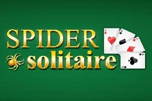 Napis Spider Solitaire na zielonym tle z ilustracją kart do gry i małym pająkiem
