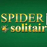 Napis Spider Solitaire na zielonym tle z ilustracją kart do gry i małym pająkiem