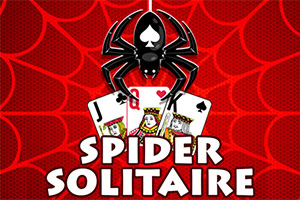 Czarny pająk na czerwonym tle z siecią i kartami do gry obok napisu Spider Solitaire