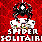 Czarny pająk na czerwonym tle z siecią i kartami do gry obok napisu Spider Solitaire