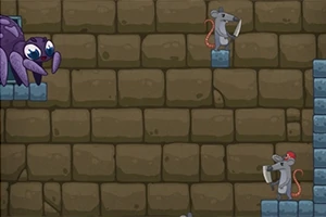 Duży fioletowy pająk oraz dwa szare szczury z mieczami na tle kamiennej ściany