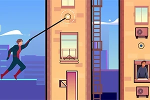 Postać w kostiumie używa liny do przemieszczania się pomiędzy dwoma budynkami w miejskim krajobrazie