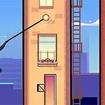 Postać w kostiumie używa liny do przemieszczania się pomiędzy dwoma budynkami w miejskim krajobrazie