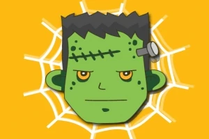 Zielona głowa stwora z czarnymi włosami i śrubą w głowie na tle pomarańczowym z pajęczyną