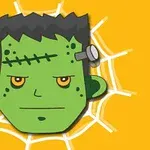 Zielona głowa stwora z czarnymi włosami i śrubą w głowie na tle pomarańczowym z pajęczyną