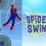 Postać w kostiumie przypominającym Spider-Mana huśtająca się na sieci między budynkami z logo Spidey Swing pośrodku