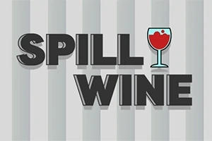 Napis SPILL WINE na tle z szarymi pionowymi paskami, z ikoną kieliszka wypełnionego czerwonym winem zastępującą literę I w słowie WINE