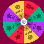 Koło fortuny z kolorowymi segmentami zawierającymi symbole gwiazd, kluczy, liczby punktów oraz napisy EMPTY i emotikony