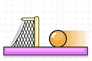 Pomarańczowa piłka tocząca się po fioletowej platformie w kierunku żółtej bramki z czarną siatką