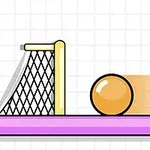 Pomarańczowa piłka tocząca się po fioletowej platformie w kierunku żółtej bramki z czarną siatką