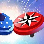 Dwa kolorowe, wirujące dyski z motywami amerykańskiej flagi i czarno-białej gwiazdy na tle wybuchających fajerwerków