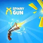 Rewolwer wypalający pocisk w kierunku żółtych elementów na niebieskim tle